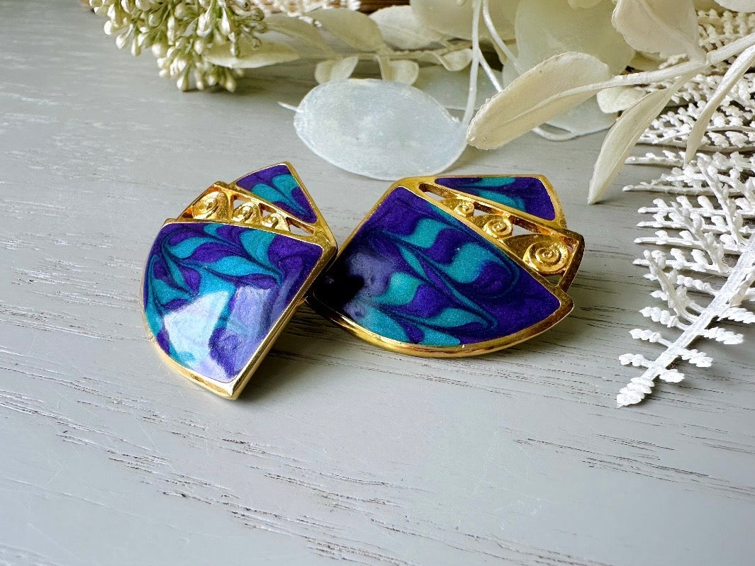 Vintage Purple Teal Gold Earrings, 1980s Pierced Post Earrings, Authentic Vintage Designer Berebi Earrings, Pearlized Enamel Geometric Lace