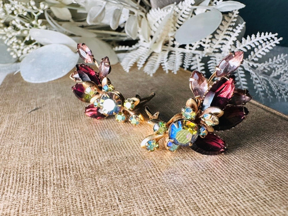 Vintage Rhinestone Earrings, Stunning Plum Pink and Green 1960s Cocktail Earrings, Sparkling Marquise Cut Amethyst Wing Statement Earrings