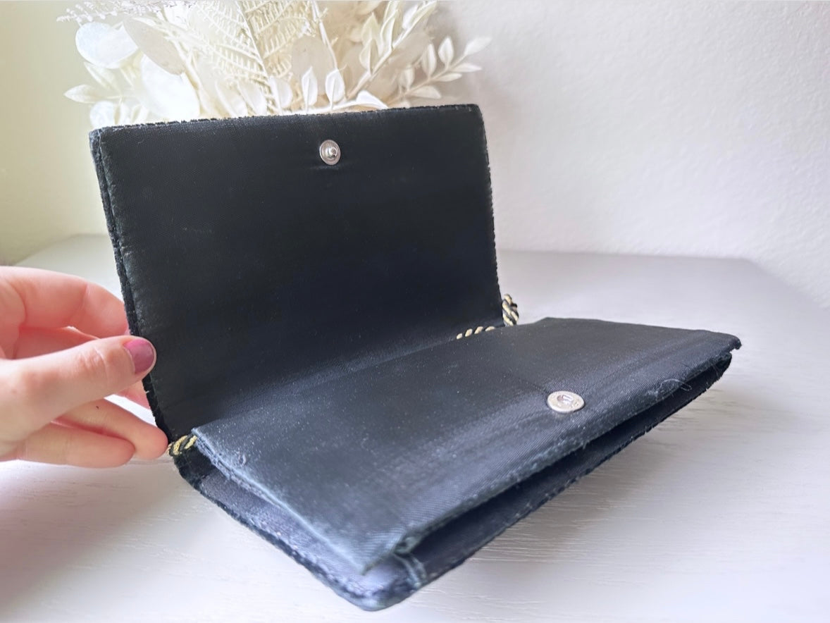 Vintage Black Velvet and Gold Embroidered Art Deco Clutch Handbag, Black Retro Mid Century Bag, Unique Black and Gold Chic Evening Purse