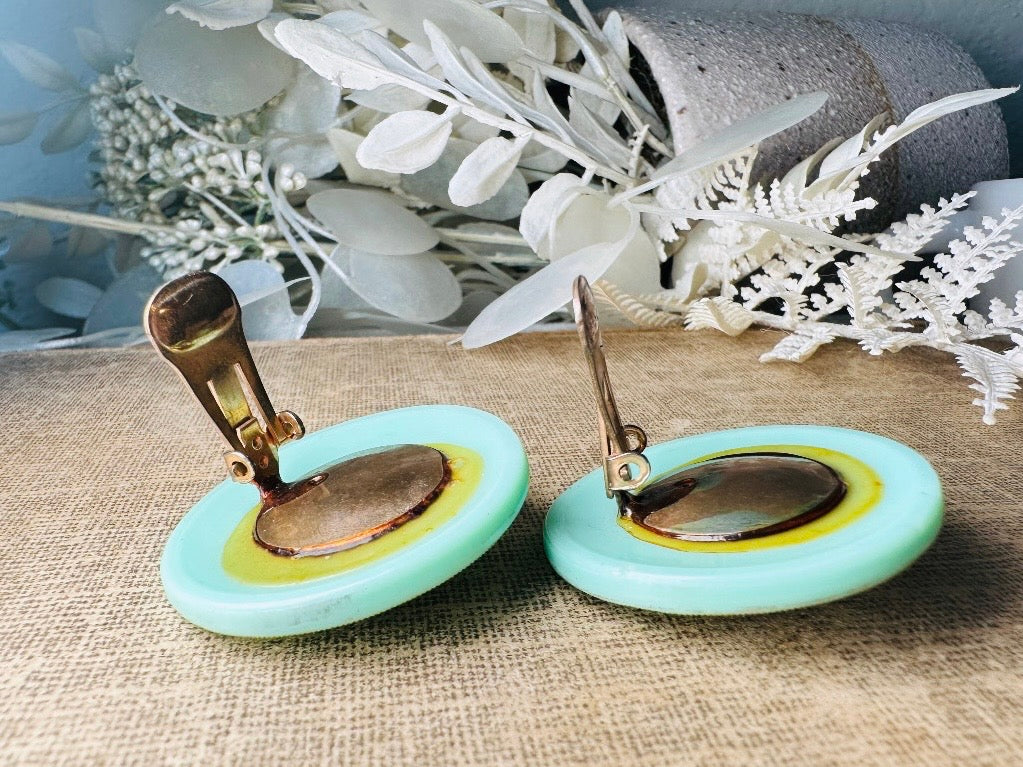 Vintage Mint Glass Earrings, Incredibly Unique Gold Spiral Disc Clip Ons, Seafoam Green Oversized Art Deco Vintage Statement Earrings