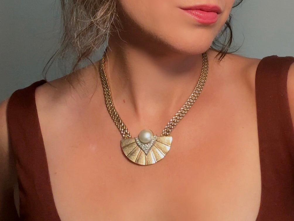 Art Deco Necklace, Vintage Park Lane Pendant Necklace w Gold Fan, 80s Pave Rhinestone Detail and Cream Pearl Cabochon, Chunky Chain Choker
