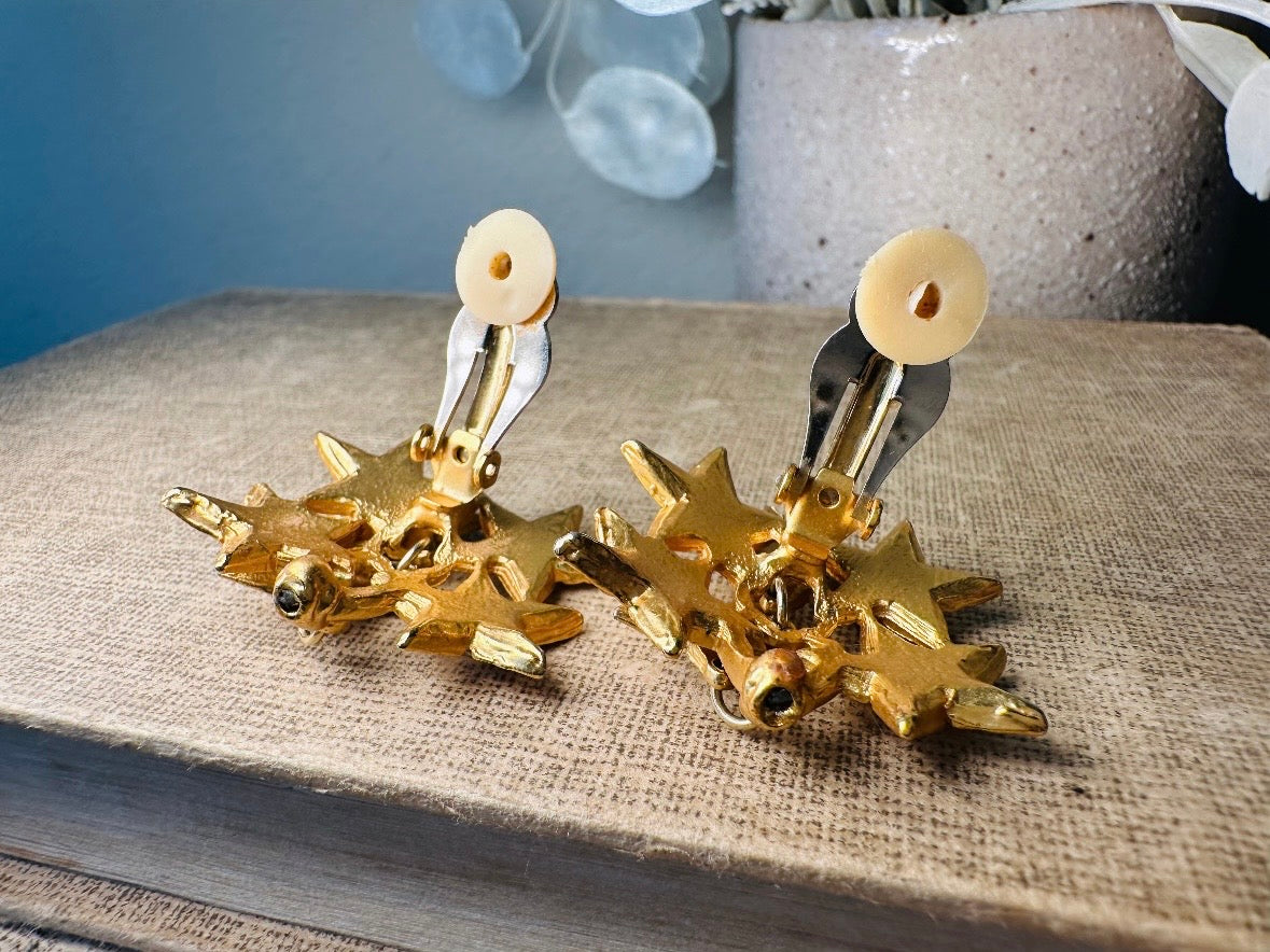 Vintage Star Earrings, Dimensional Gold and Rhinestone Statement Earrings, Unique Celestial Dangle Earrings, Star Charm Clip Ons