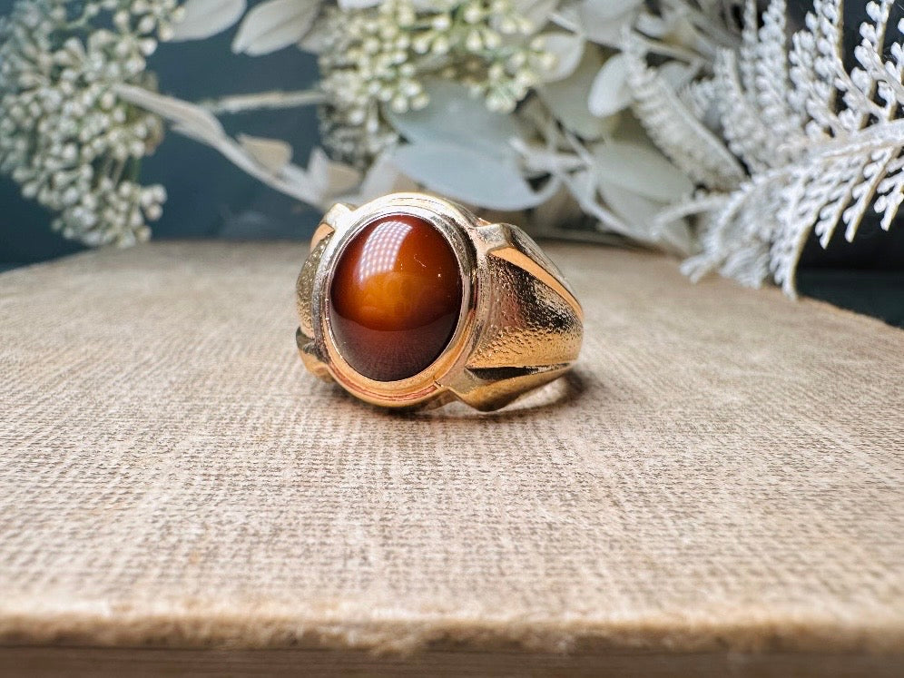Tigers Eye Ring, Vintage Gold Gemstone Statement Ring, Chunky Unisex 1970s Cocktail Ring