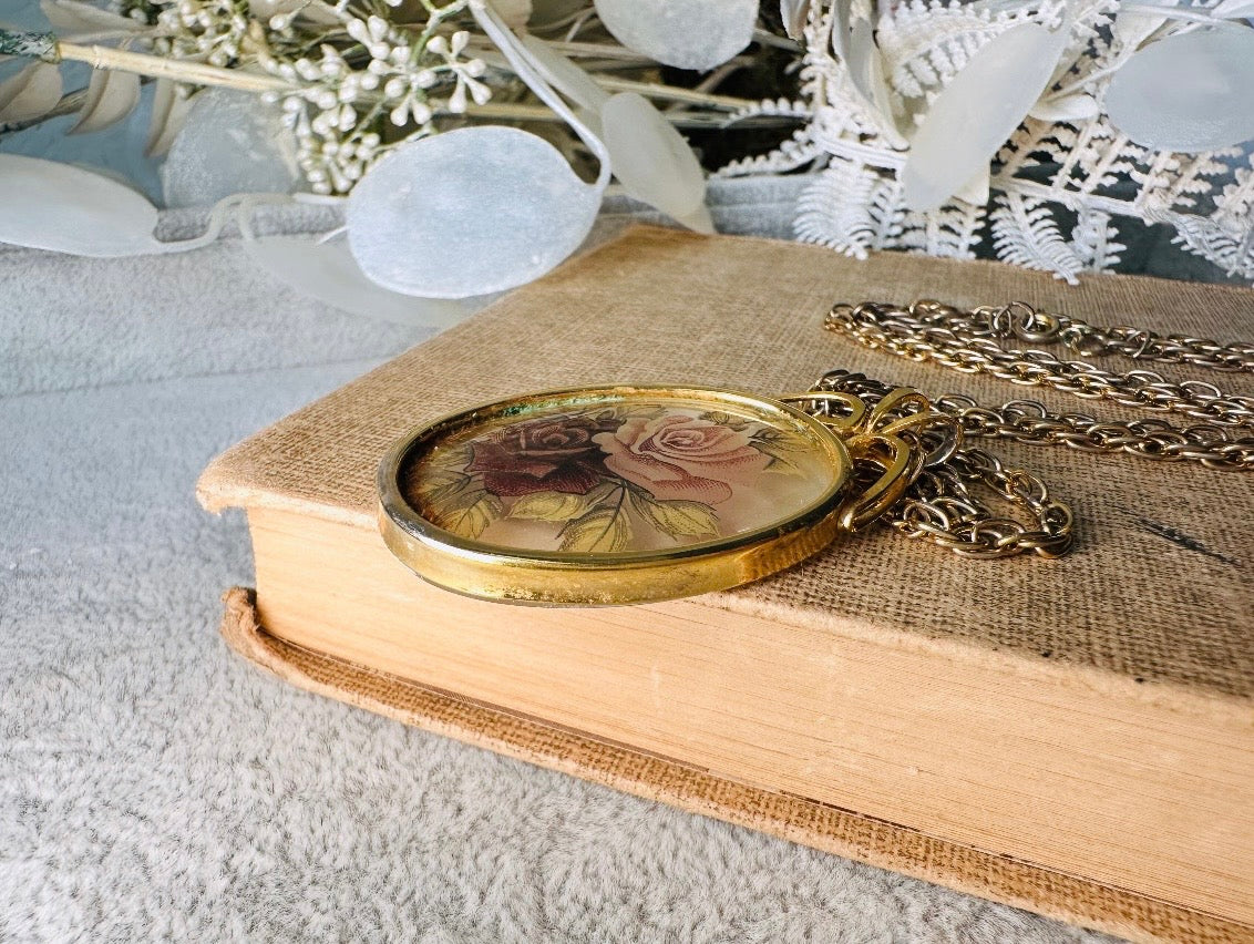 Victorian Pendant Necklace, Vintage Floral Cameo Necklace, Whimsical Cottagecore Long Gold Tone Chain with Romantic Glass Flower Pendant
