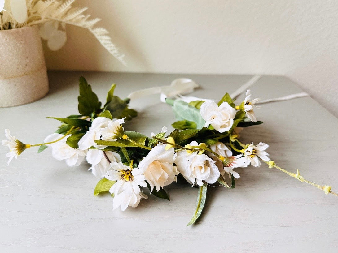 Ivory Flower Crown, Handmade Woodland Nymph Bridal Floral Hair Wreath, Cream Forest Queen Headpiece