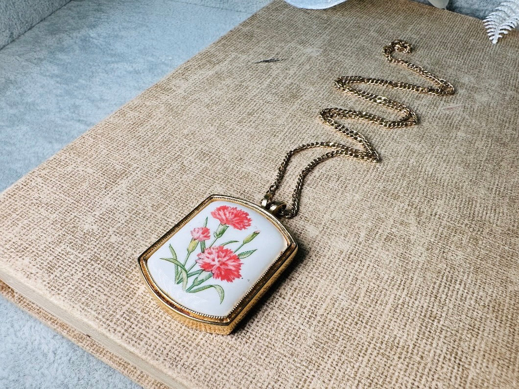 January Birthflower Necklace, Pink Carnation January Birthday Necklace, 1980 Floral Heritage Porcelain & Gold Botanical Flower Pendant