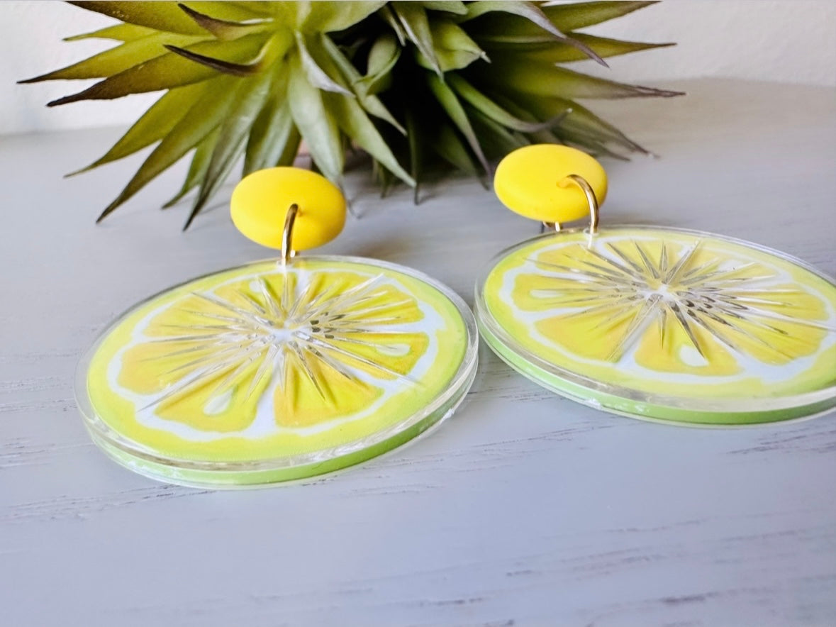 Bright Yellow Lemon Earrings, 1993 Tooty Fruity Summer Fruit Earrings, Vintage Acrylic Earrings, Big 90s Does 60s Retro Lemon Slice Earring