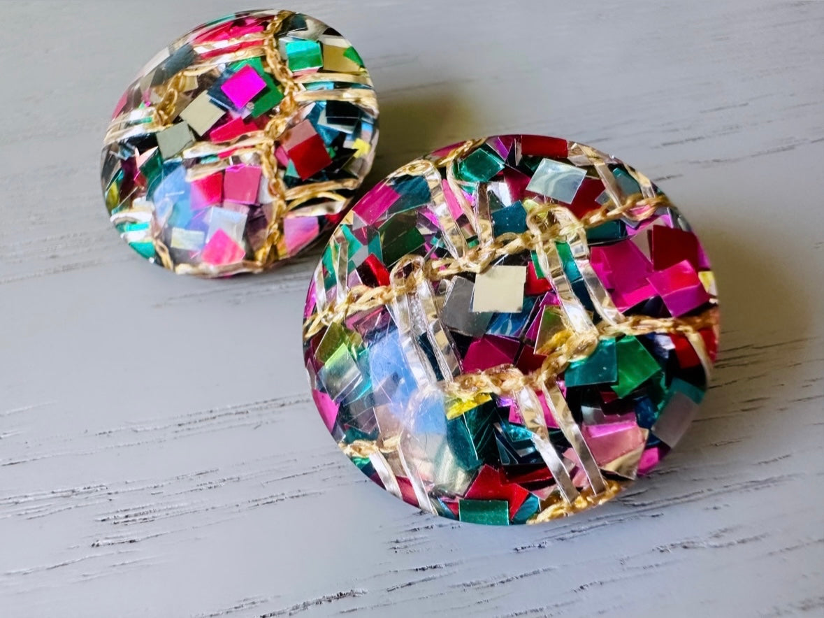 Rainbow Confetti Earrings, Glitter Rainbow Party Earrings, Vintage Colorful Confetti Clip on Earrings, Mod 60s Retro Fashion