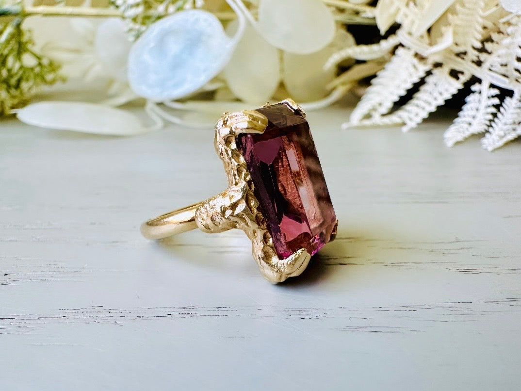 Vintage Cocktail Ring, 1973 Twilight Faux Amethyst Emerald Cut Ring