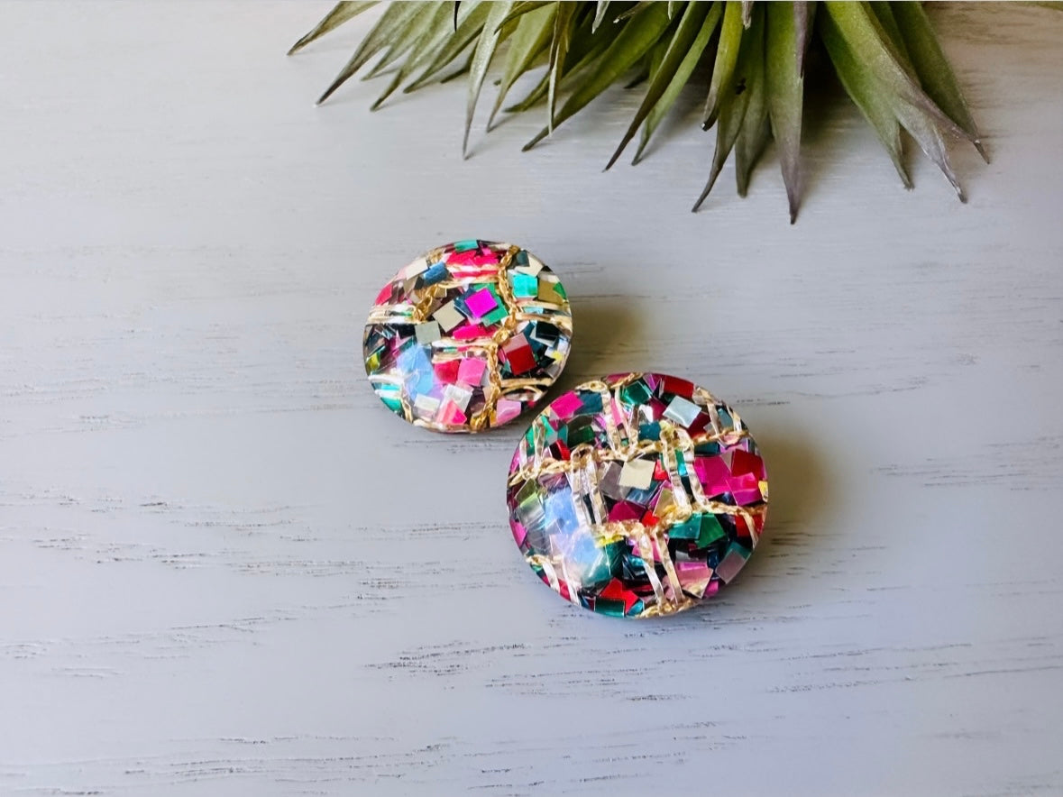 Rainbow Confetti Earrings, Glitter Rainbow Party Earrings, Vintage Colorful Confetti Clip on Earrings, Mod 60s Retro Fashion