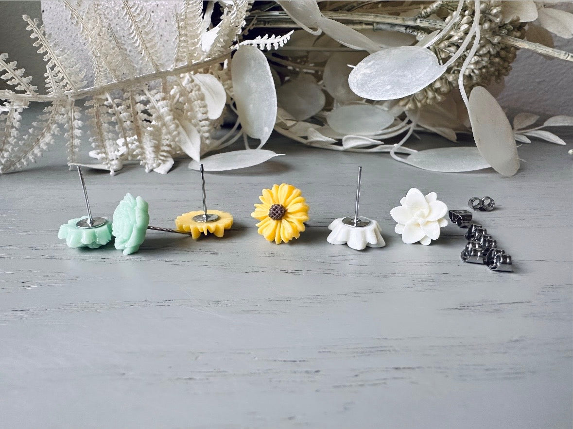 Spring Flower Earrings Gift Set, Yellow Gerber Daisy, Cream Lotus, Mint Rose, Cute Country Floral Hypoallergenic Surgical Steel Stud Earring