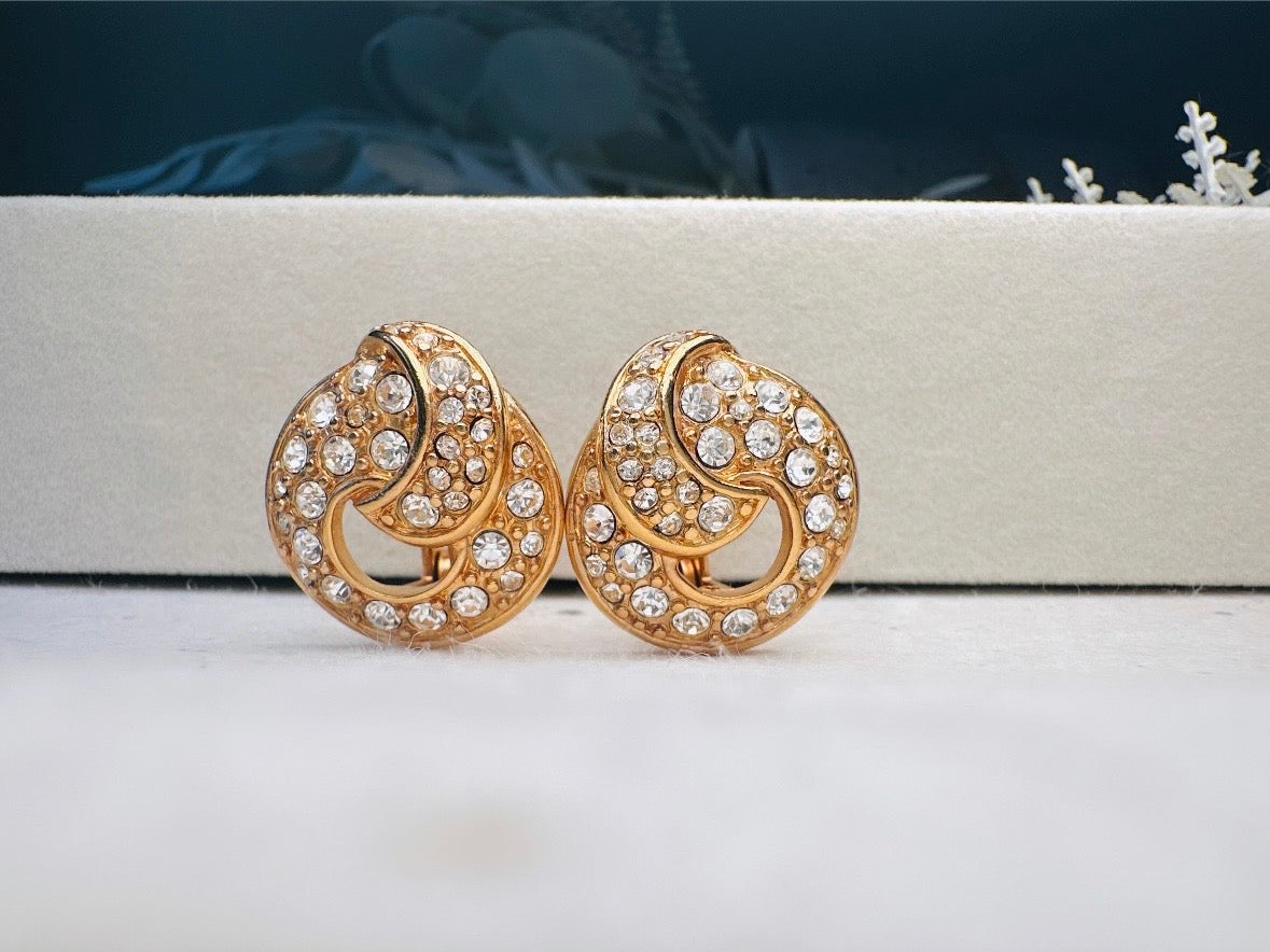 Vintage Monet Gold Knot Earrings with Diamond Rhinestones, Elegant Cocktail Clip On Earrings