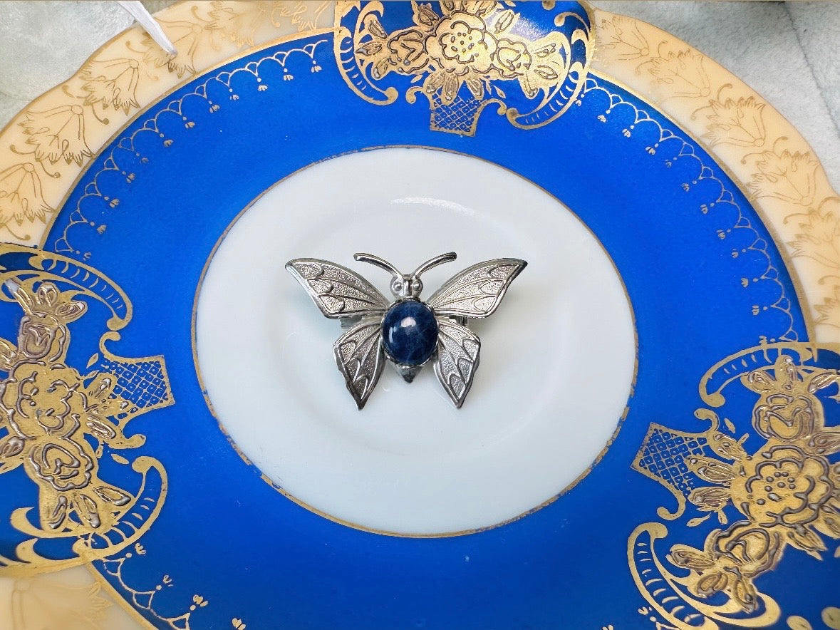 Butterfly Brooch Pin, Vintage Silver Butterfly Pin with Blue Stone Center, Vintage Brooch, Whimsical Bridal Brooch, Antique Silver Pin