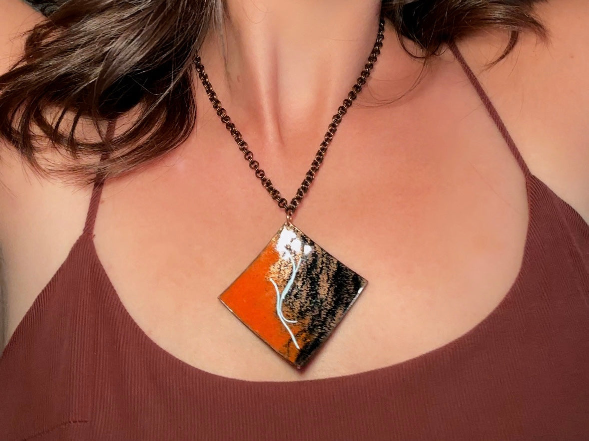 Vintage Pendant Necklace, Copper Artisan Necklace with Orange Black and White Enamel, 18" Chain Funky Abstract Retro Necklace