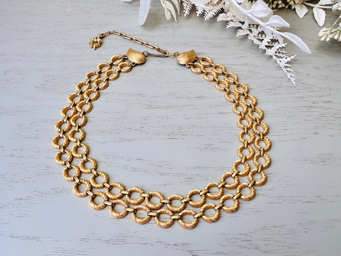 Gold Vintage Double Chain Necklace, Textured Matte Gold Layered Loops, Bold 80s Mogul Style, Leaf and Shamrock Details Authentic Vintage