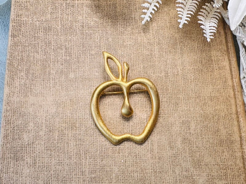 Gold Apple Brooch, Whimsical Vintage Brushed Gold Brooch, Perfect Teacher Gift for Back to School, Bookish Quirky Brooch, Cute Fruit Pin