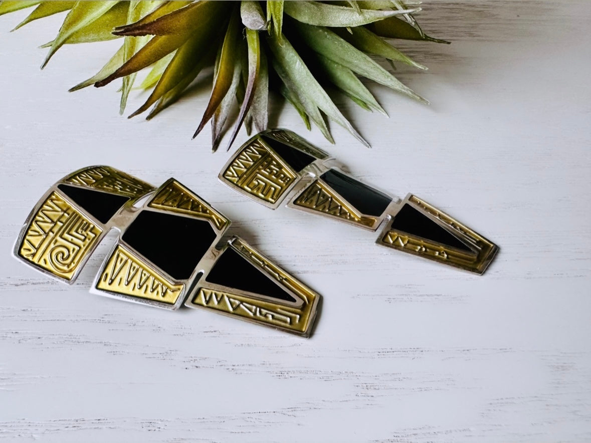 Rare Vintage Berebi Earrings, 1980s Black and Gold Pierced Post Earrings, 80s Dramatic Graduated Tiered Triangle Pierced Earrings