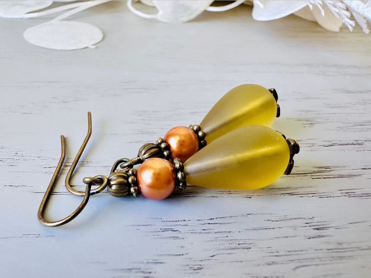 Mustard Yellow Sea Glass Earrings with Copper Pearls, Handmade Teardrop Earrings, Autumn Colors, Pretty Antique Style Drop Earrings