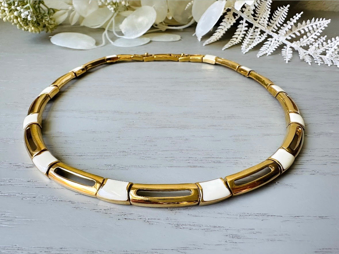 Vintage Monet Necklace in Cream and Gold, 1970s Vintage Designer Jewelry, Geometric Gold Bar Panel Link Choker Necklace, Adjustable Length