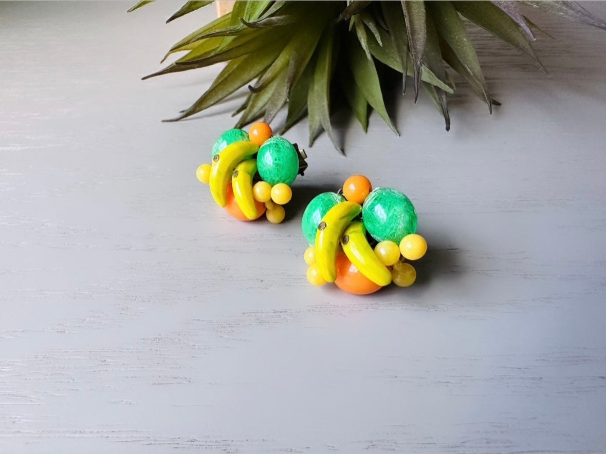 Fruit Salad Earrings, Iconic Carmen Miranda Fruit Earrings, Vintage West Germany Clip on Earrings, Glass Fruit Bowl Banana Apple Orange