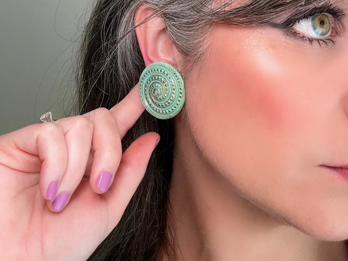 Vintage Mint Glass Earrings, Incredibly Unique Gold Spiral Disc Clip Ons, Seafoam Green Oversized Art Deco Vintage Statement Earrings