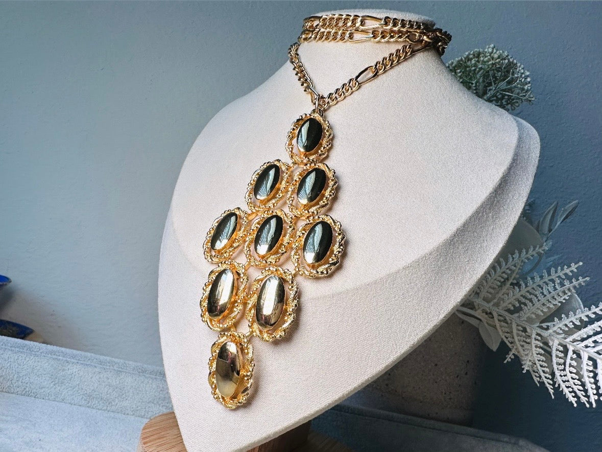 Huge Gold Pendant Necklace, Long Gold Vintage Necklace, Unique Bold Geometric Chunky Gold Necklace