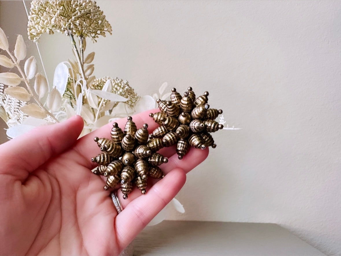 Bronze Cluster Earrings, Fabulous Vintage Clip On Earrings, Big Bold Statement Earrings, Bead Cluster Pom Pom Clip-Ons