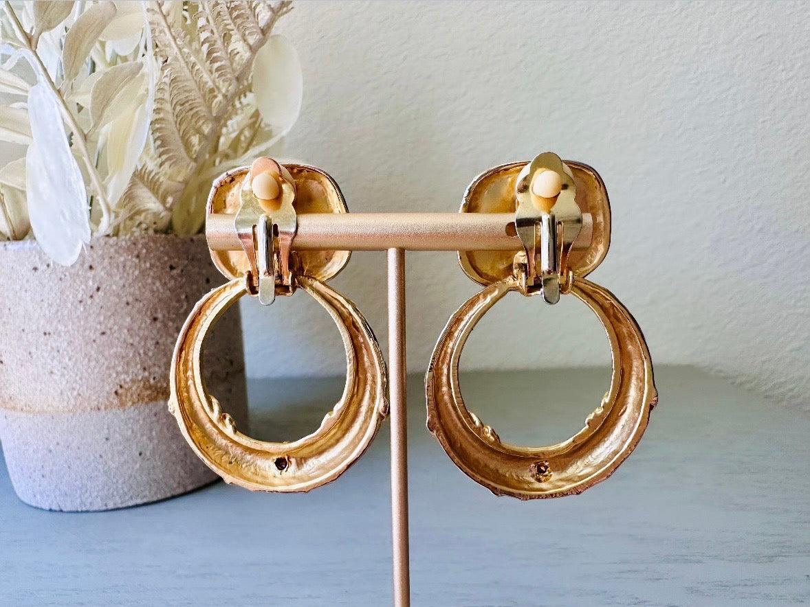 Vintage Panther Earrings, Black Enamel Rhinestone Convertible Earrings, Fantastic 1980s Matte Gold Hoop Earrings, 1980s VTG Clip On Earrings