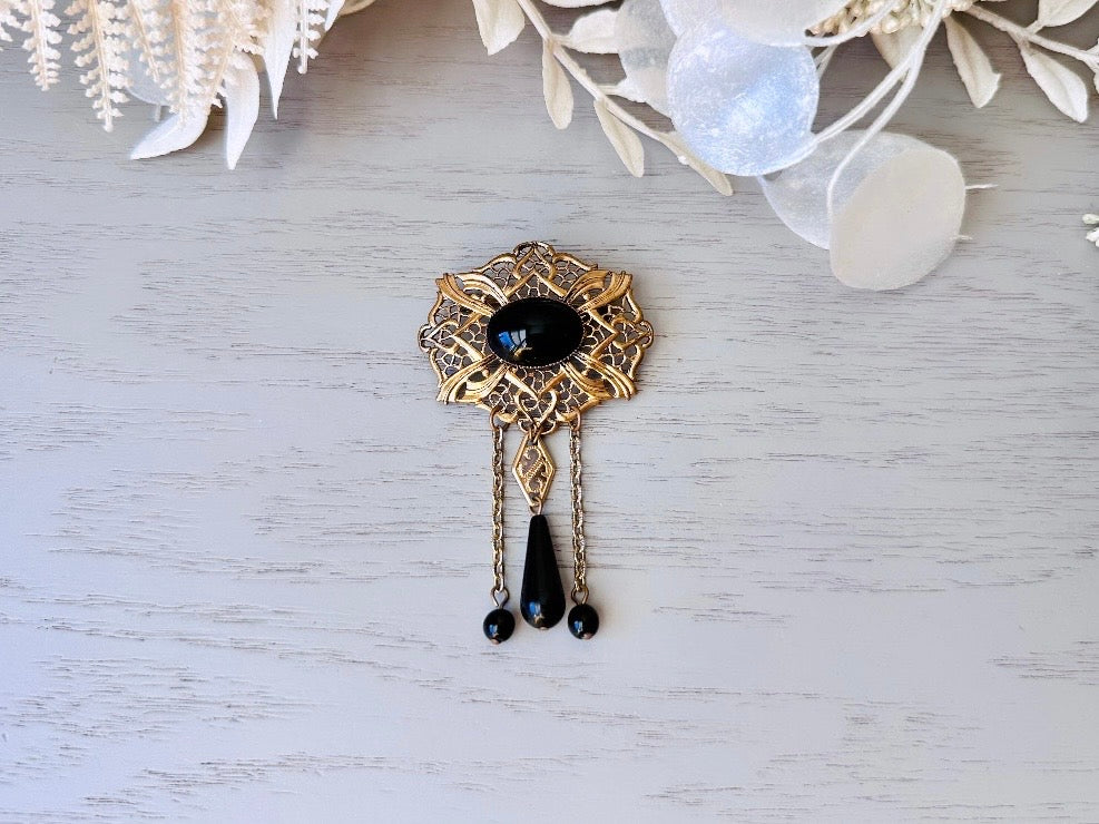 Black Vintage Brooch, Antique Bronze Filigree Brooch with Black Cameo & Chain Tassels Romantic Vintage Pin Victorian Revival Gifts for Her