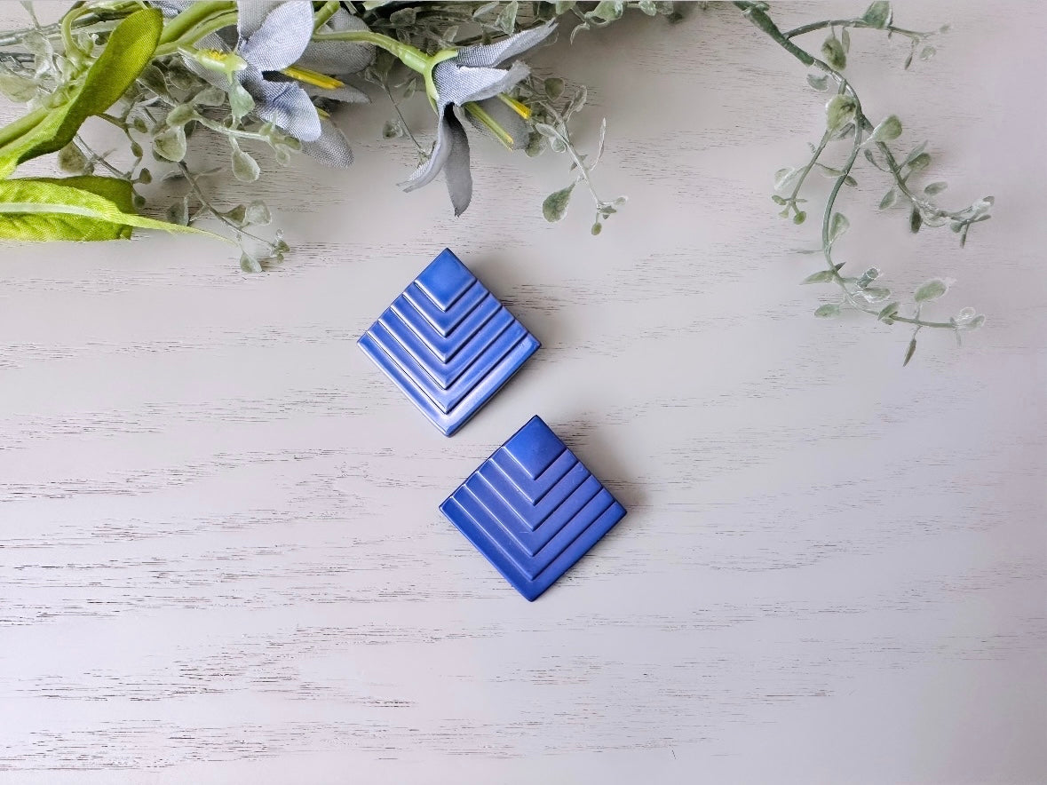 1980s Purple Earrings, Metallic Enamel Oversized Square Pierced Earrings, Fun 80s Vintage Earrings, Futuristic Tiered Big Geometric Studs
