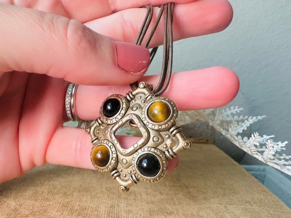 Vintage Pendant Necklace, Tigers Eye and Onyx Gemstone Pendant Necklace by Premier Designs, Etruscan Necklace with Gold Detachable Pendant