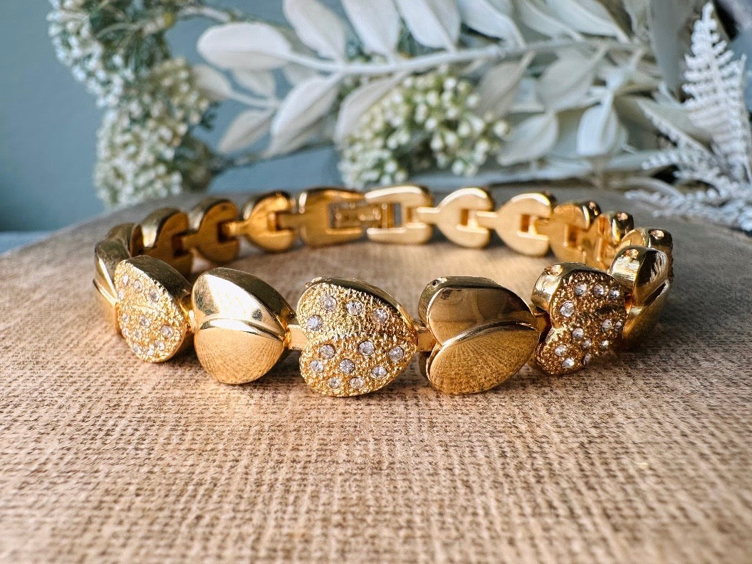 Gold Heart Bracelet, Shimmering Rhinestone Tennis Bracelet