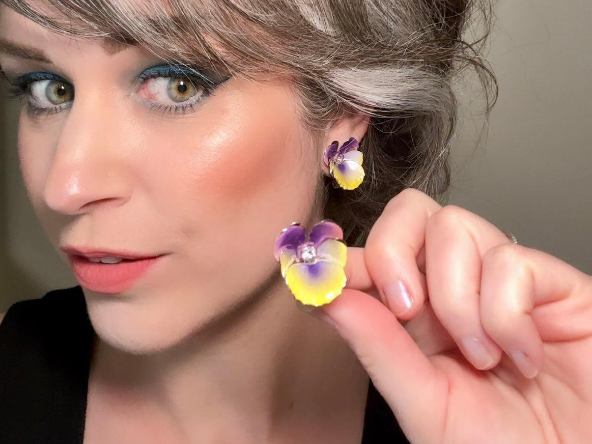 Vintage Pansy Flower Earrings, Purple and Yellow Enamel Clip On Earrings with Rhinestone Center, Pretty Spring Summer Flower Vintage Earring