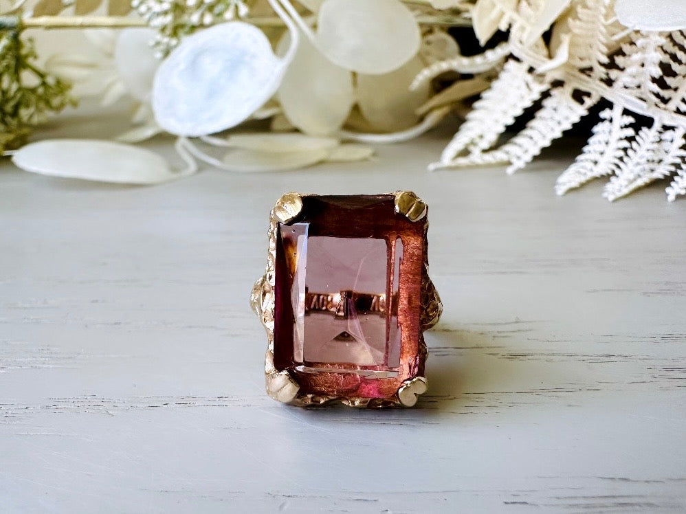 Vintage Cocktail Ring, 1973 Twilight Faux Amethyst Emerald Cut Ring
