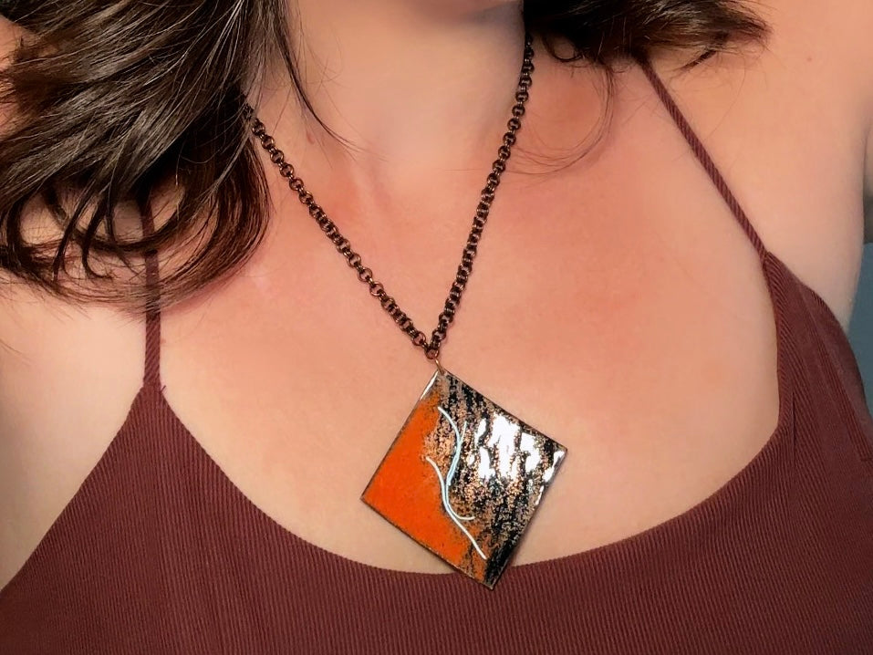 Vintage Pendant Necklace, Copper Artisan Necklace with Orange Black and White Enamel, 18" Chain Funky Abstract Retro Necklace