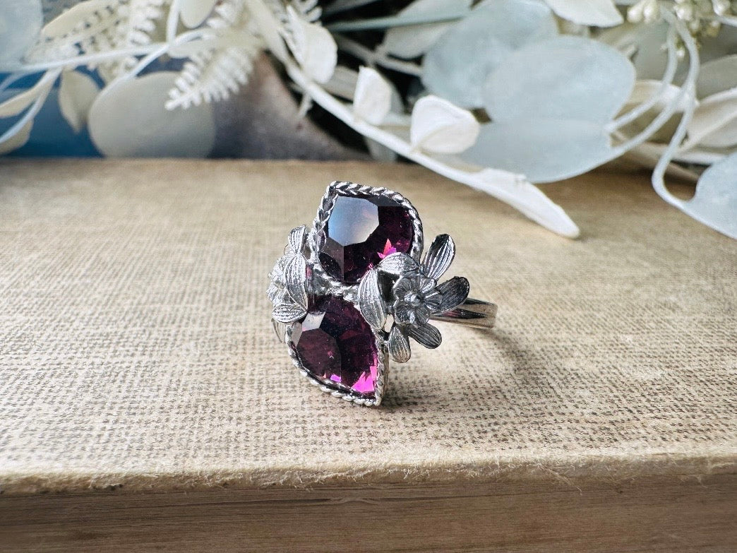 Vintage Heart Cocktail Ring, February Birthstone Purple Heart Ring, 1973 Amethyst and Silver Flowers Double Heart Love Story Sarah Coventry
