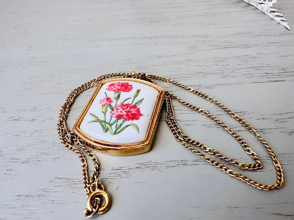 January Birthflower Necklace, Pink Carnation January Birthday Necklace, 1980 Floral Heritage Porcelain & Gold Botanical Flower Pendant