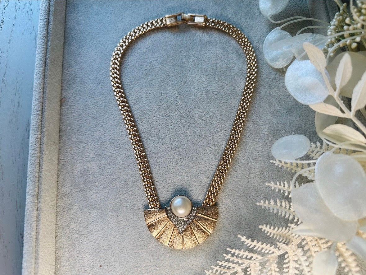 Art Deco Necklace, Vintage Park Lane Pendant Necklace w Gold Fan, 80s Pave Rhinestone Detail and Cream Pearl Cabochon, Chunky Chain Choker