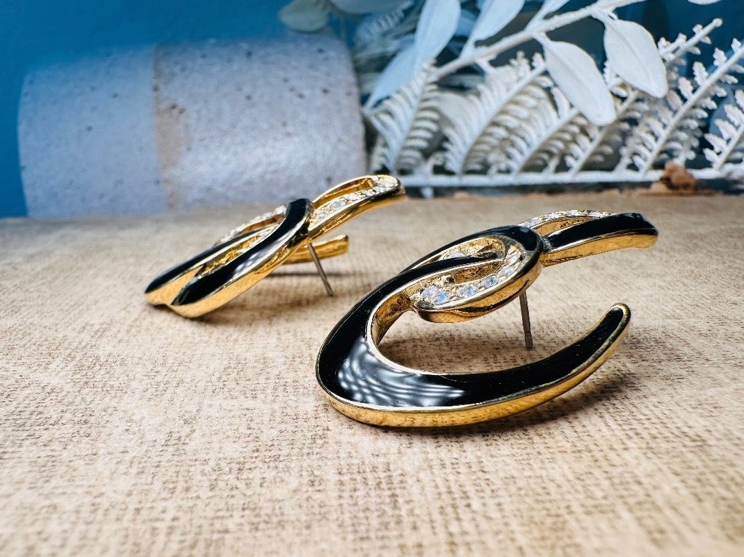 Vintage Trifari Earrings, Gorgeous Abstract Black Enamel and Rhinestone Earrings, Geometric Pierced Earrings, Deadstock Designer Vintage