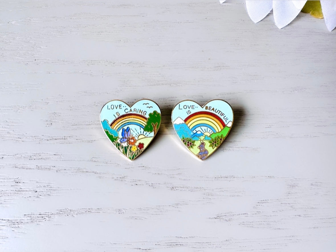 Vintage Rainbow Heart Pins Duo, Set of Two Rainbow Pins 1970s Vintage, Love is Caring, Love is Beautiful, Love is Love, Friendship Pride