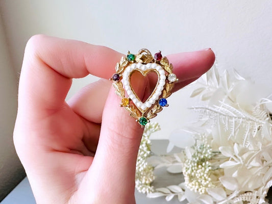 Vintage Heart Brooch w Pearls + Rhinestones in Red Green Blue, Romantic Vintage Pin, Antique Gold Heart Pin, Cute Mothers Day Gifts for Her