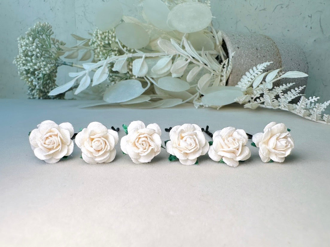 White Rose Bobby Pins, Mulberry Paper Hair Flower Set