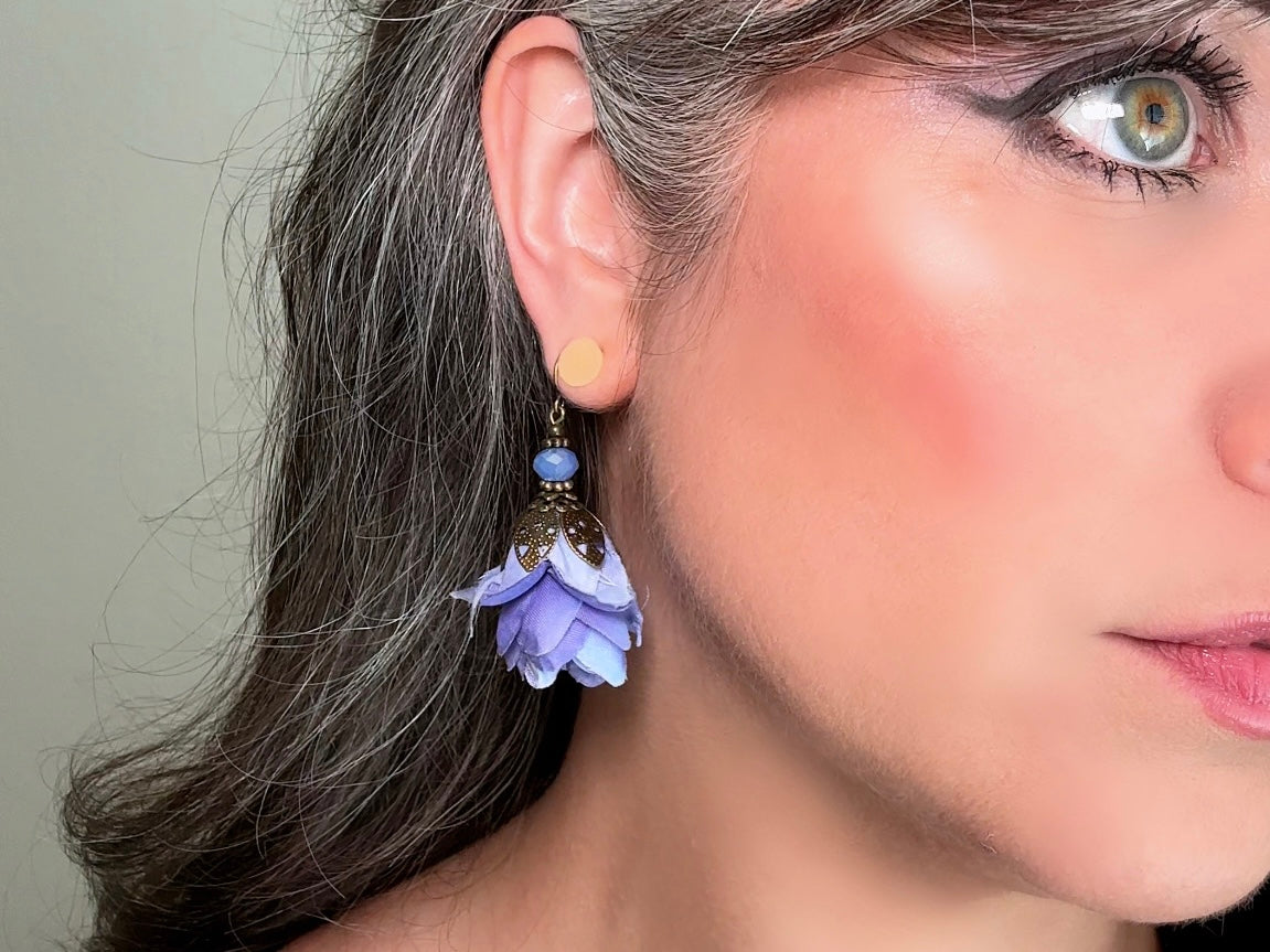 Faerie Flower Earrings in Periwinkle, Handmade Whimsical Organza Flower Earrings, Purple Blue Floral Earrings w Crystals and Hammered Bronze