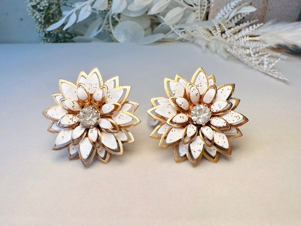 Vintage White Earrings, Floral White and Gold Clip On Earrings, Gorgeous Vintage 1960s Flower Earrings with Silver Glitter Rhinestone