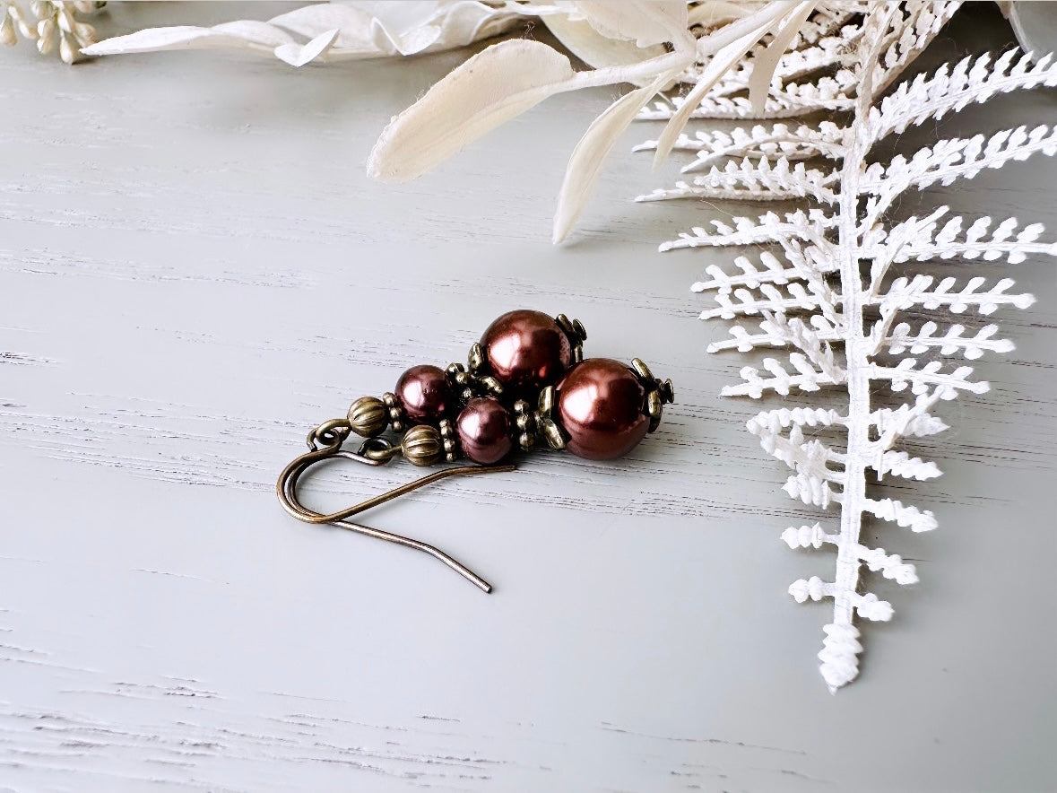 Bridgerton Pearl Earrings in Chocolate Brown, Handmade Beaded Drop Earrings w Antique Bronze Floral Accents, Regency Era Vintage Inspired