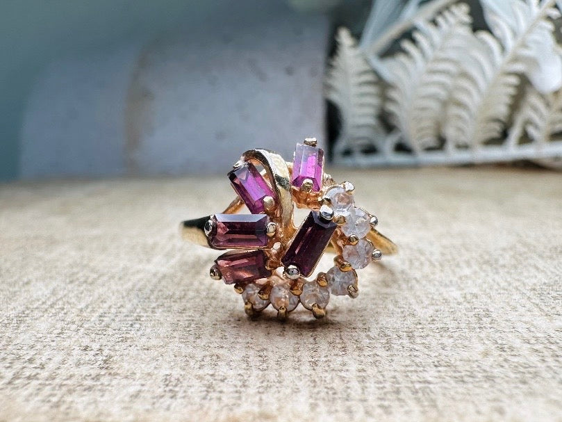 Vintage Cocktail Ring, Prong Set Plum Purple Baguette Stones in Wave with Clear Diamond Rhinestones, Gorgeous Gold Plated Cocktail Ring Sz 6