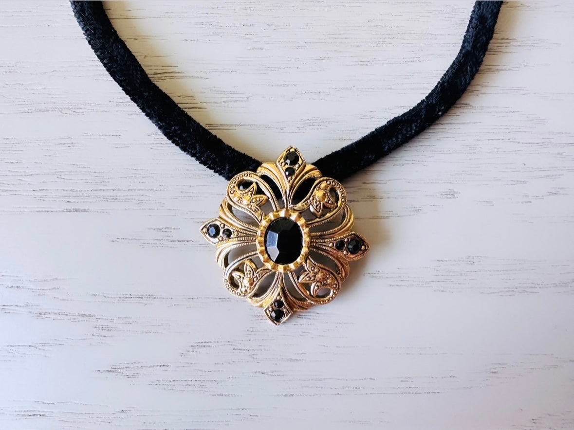 Bridgerton Black Velvet Choker Necklace with Gold Pendant Cameo, Dramatic 1980's Choker, Victorian Revival Necklace, 14"-17" Soft Velvet, Bridgerton Inspired, Romantic Regency Era, Cottagecore Jewelry by Piggle and Pop