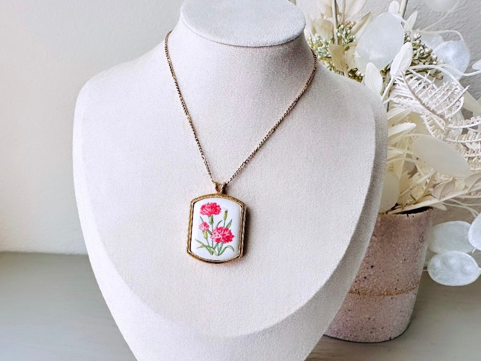 January Birthflower Necklace, Pink Carnation January Birthday Necklace, 1980 Floral Heritage Porcelain & Gold Botanical Flower Pendant
