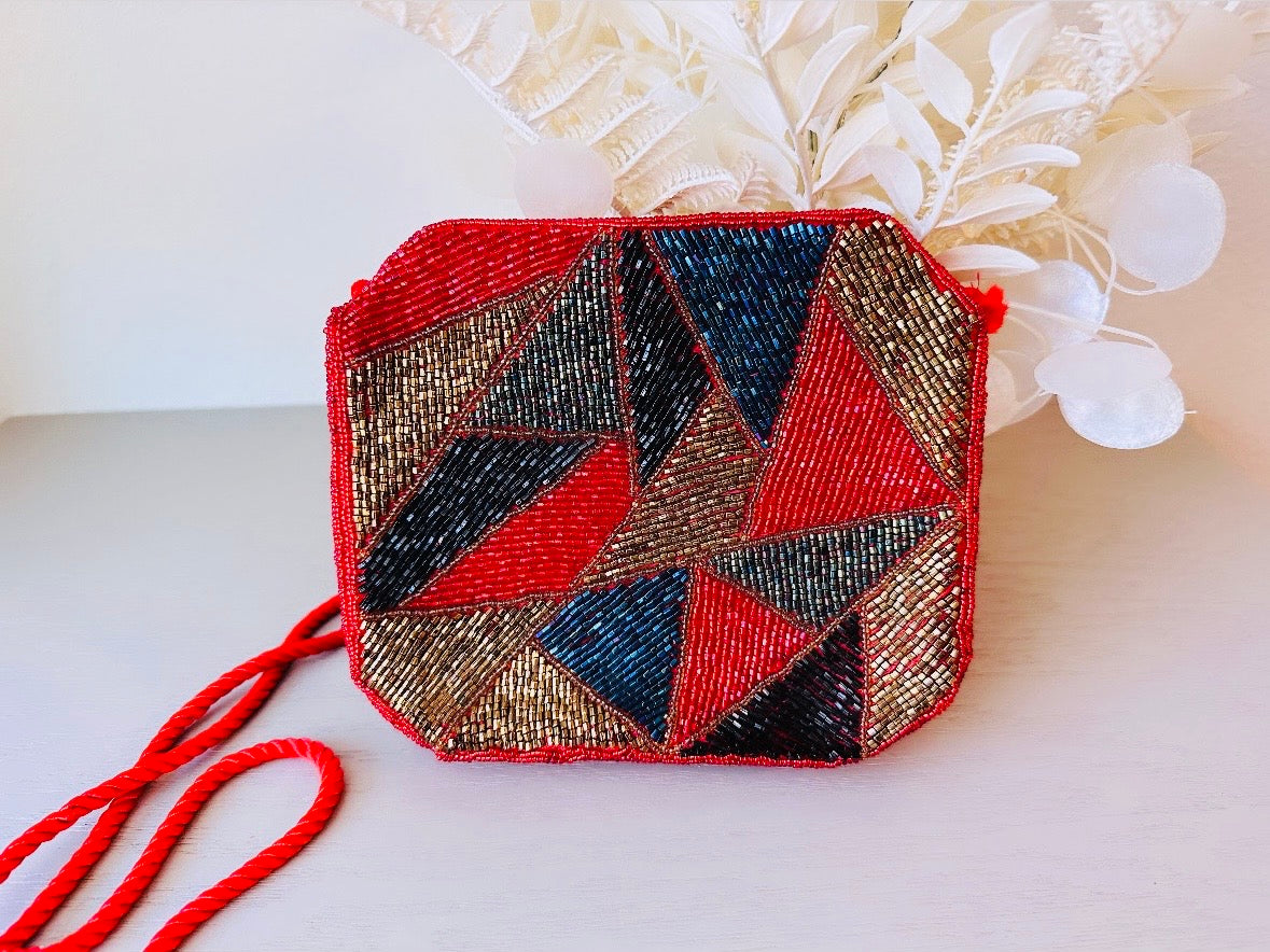 Red 1980s Vintage Beaded Handbag, Geometric Triangle Purse, Incredible 80s Hand Beaded Purse with Gold Black Blue and Peacock Green Accents