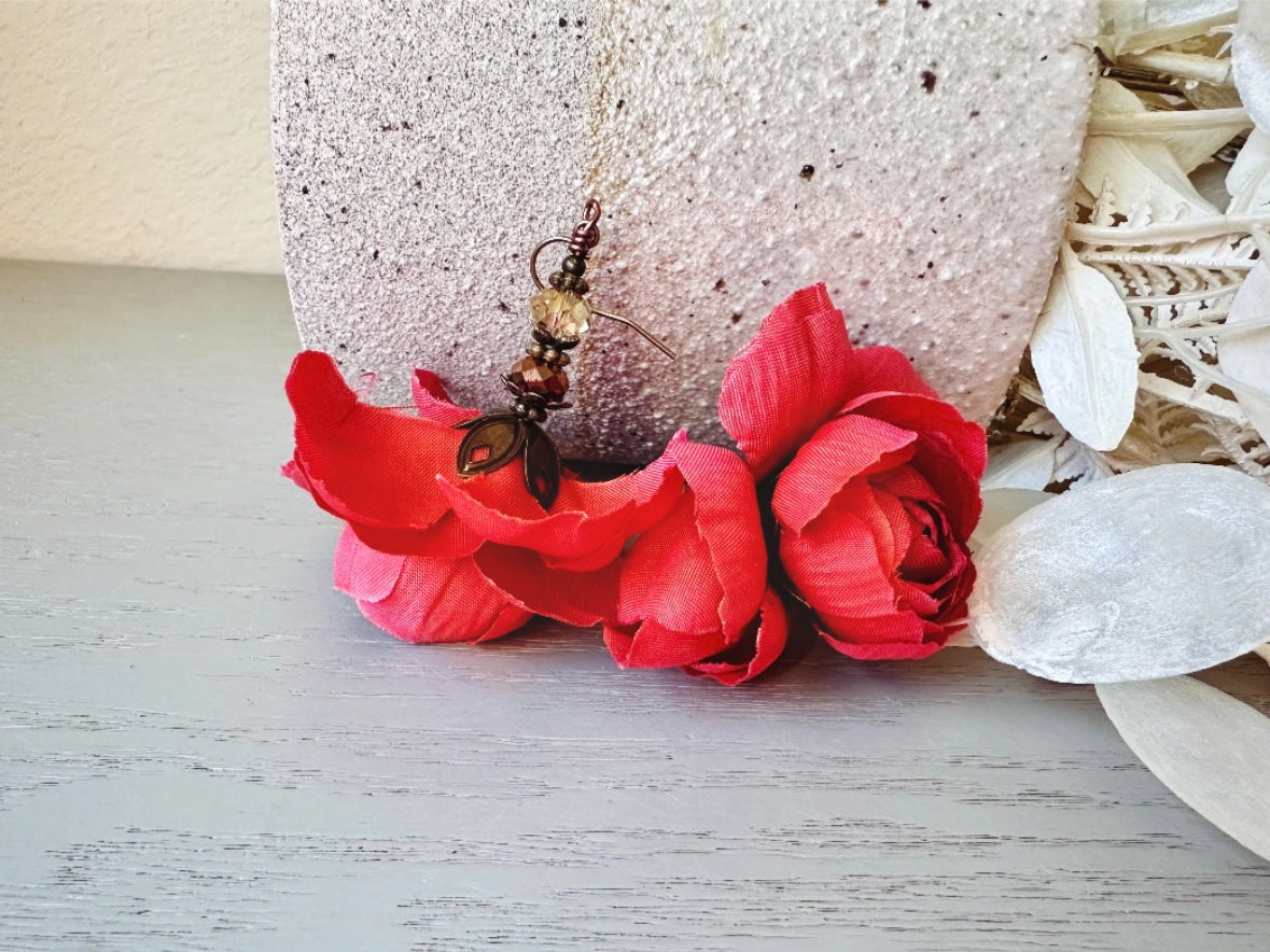 Red Flower Earrings, Victorian Handmade Whimsical Fabric Flower Earrings, Unique Muted Red Floral Earrings with Crystals and Hammered Bronze